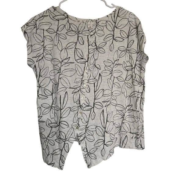 Cynthia Rowley 100% Linen White Black Floral Top Button Back Size Large - Picture 2 of 4